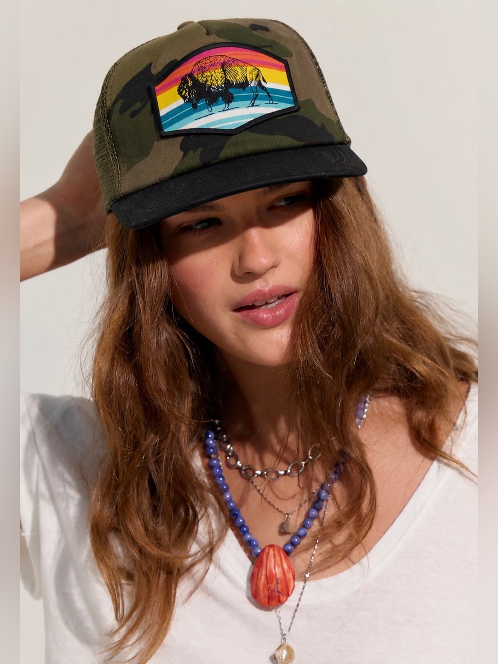 BOUTIQUE HIPPEE HARVEST CAMO BUFFALO PATCH TRUCKER HAT